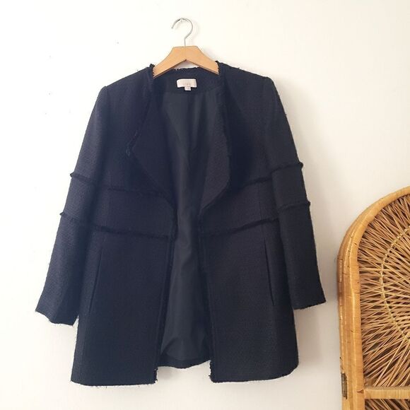 Loft Woven Black Open Front Blazer Raw Hems M - Picture 1 of 9
